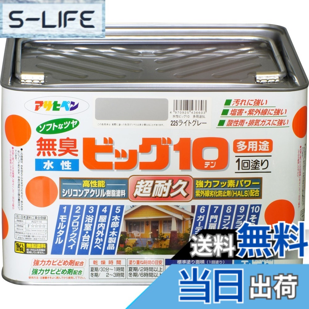 【貨物輸送無料】アサヒペン えの具 えの具 水溶性ビッグ10多役立つこと 5L 225点火装置薄墨色 水溶性 多役立つこと 半ツヤ ホンブルグ帽なツヤ 1回ペンキ塗り 超耐久 無臭 風変わりフッ素脂組みあわせる 防菌類 サビドメ剤組みあわせる 紫外線落ち込み押しとどめる剤組みあわせる シックハウス打つ手品 日本製 色：225点火装置薄墨色、大きさ：5L