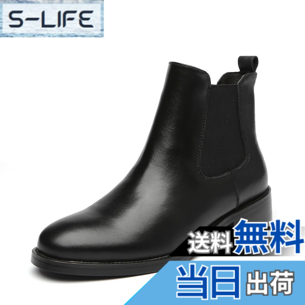 【貨物輸送無料】[Placck] 本革 レディースショートブーツ 黒 チェルシーブーツ 大層らしい大きさ 雨合羽 色：黒いこと 裹起毛、大きさ：23.5 珊