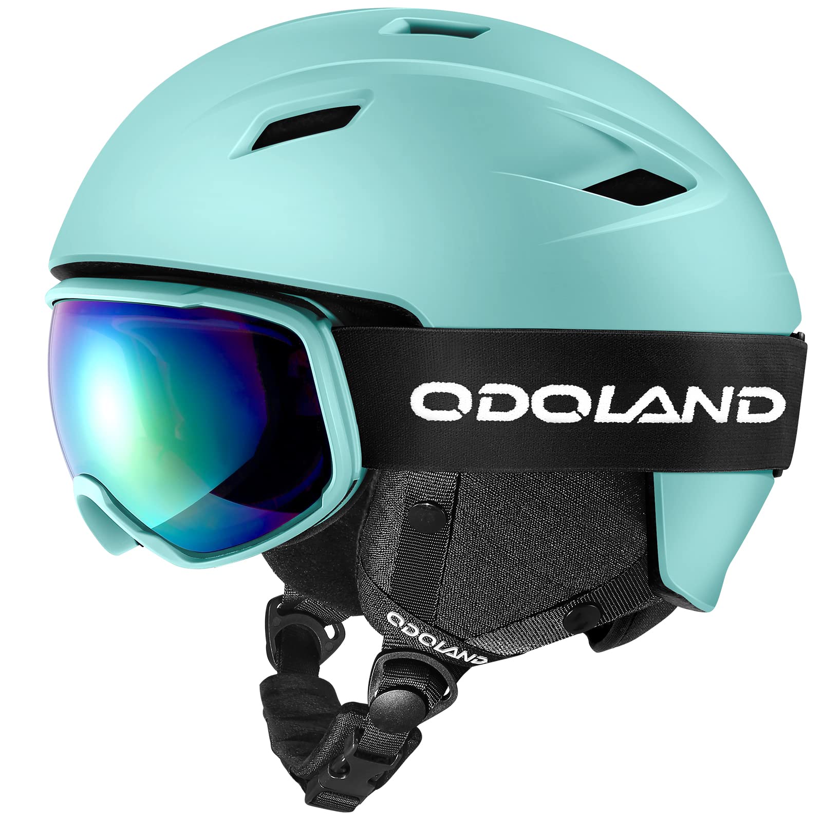 【貨物輸送無料】Odoland スキーの板安全帽仕掛ける ゴーグル付き添い人 スノーボード安全帽 文字盤式大きさ合わせる 眼鏡相応う ダブル球面水晶体 防風 曇り止め 耐衝撃 UVとり捨てる 男女兼用 成年者・お坊っちゃん・赤ちゃん用 色：シアン、大きさ：L