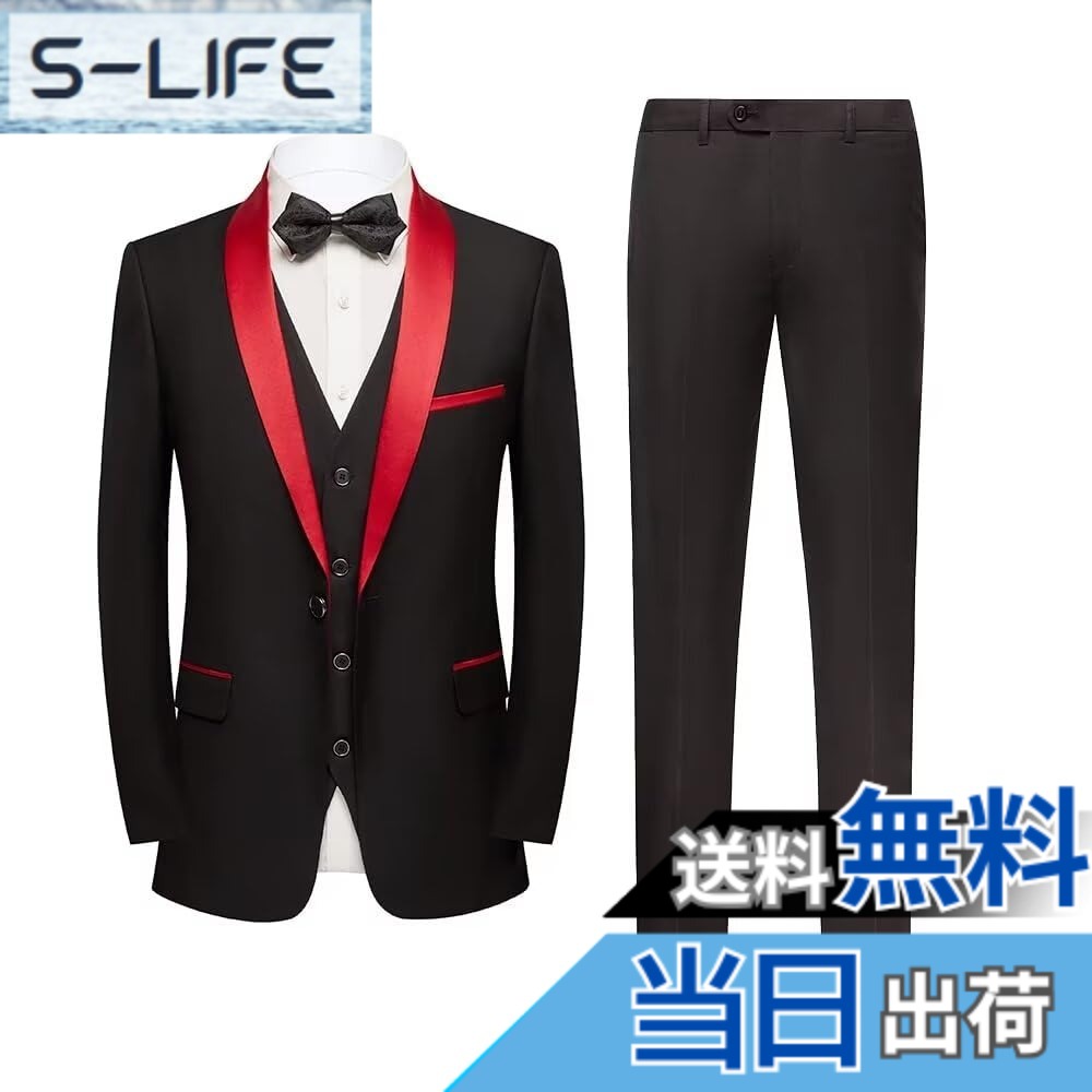 【送料無料】[YAYOKYA] スーツ メンズ スリーピース タキシード 礼服 セレモニースーツ スリム ウェスト調整可能 結婚式 披露宴 パーテイ ショールカラー 正装 1つボタン センターベント 紳士服 メンズドレスアイテム S-6XL 色：ブラック-レッド01、サイズ：S｜S-LIFE