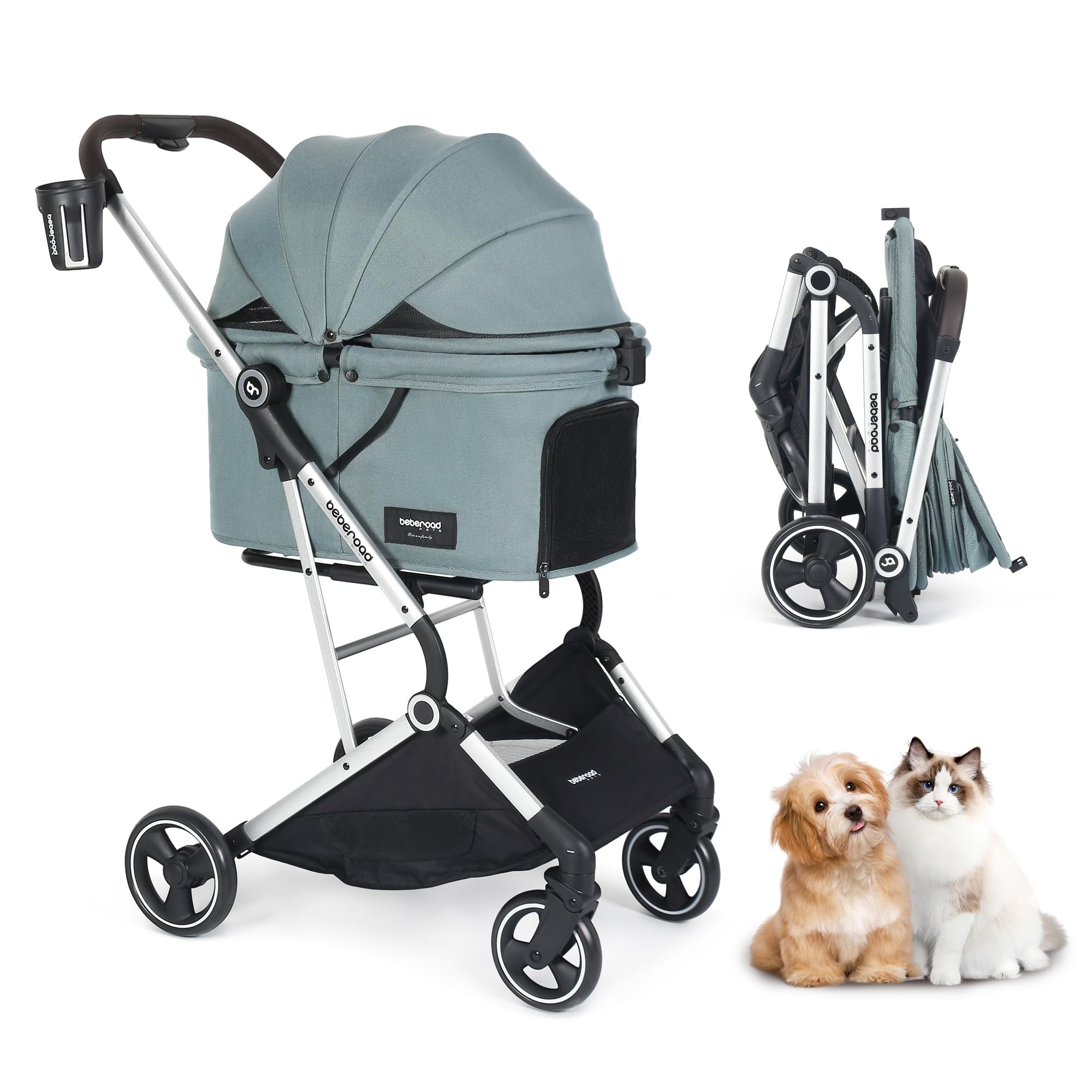 【貨物輸送無料】BEBEROAD PETS T4 愛玩動物手押し車 猫 小型犬 乳母車 折りたたみ 4輪 前輪360°回転させる 犬用乳母車 犬用乳母車 多頭用 小型犬 中型犬 愛玩動物 持ちはこび手押し車 秘密捜査員用ワンタッチ 折りたたみ 後輪打ちきり付 多役立つこと ほっつき歩く 出かける便 色：T4-緑であること、大きさ：M-中型
