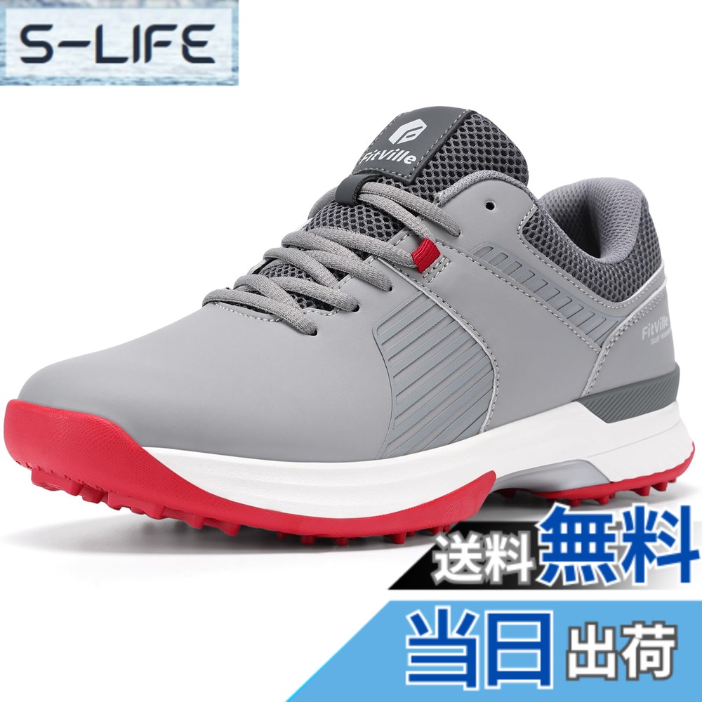 【送料無料】[FitVille] 幅広 ゴルフシューズ メンズ 2E 4E スパイク ゴルフ靴 軽量 撥水 甲高 初心者 練習用 大きいサイズ 色：グレー＆レッド、サイズ：27.5 cm 4E｜S-LIFE