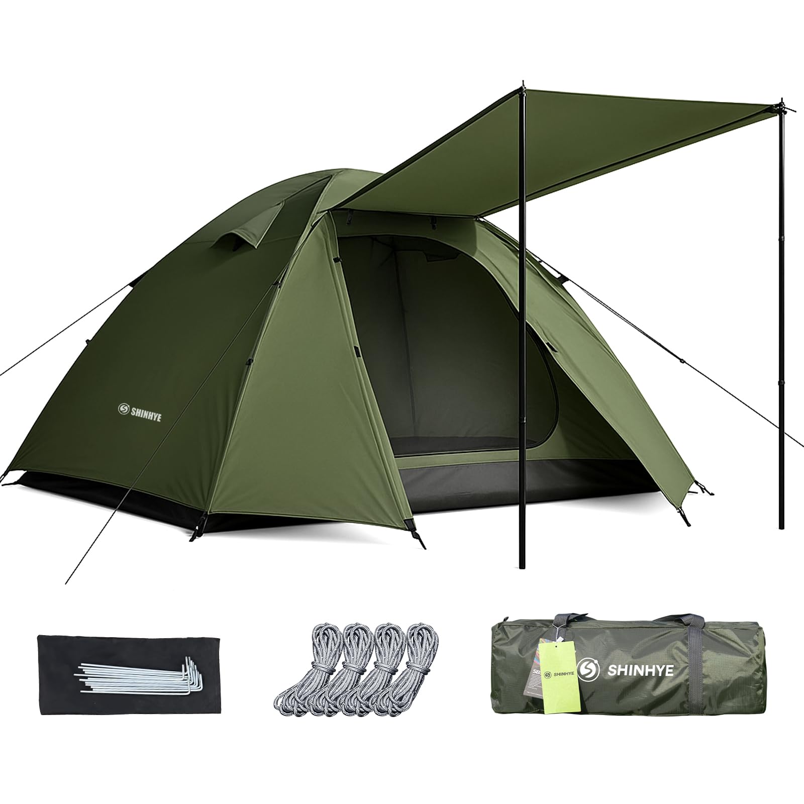 【送料無料】ShinHye テント ソロテント 1人用 2人用 3人用 ドームテント キャンプテント 210Dオックスフォード 二重層構造 アルミ製ポール 耐水圧5000mm 通気 防風 防雨 UVカット 自立式 軽量 コンパクト 簡単設営 収納バッグ付き 4シーズ 色：グリーン、サイズ：4人用｜S-LIFE