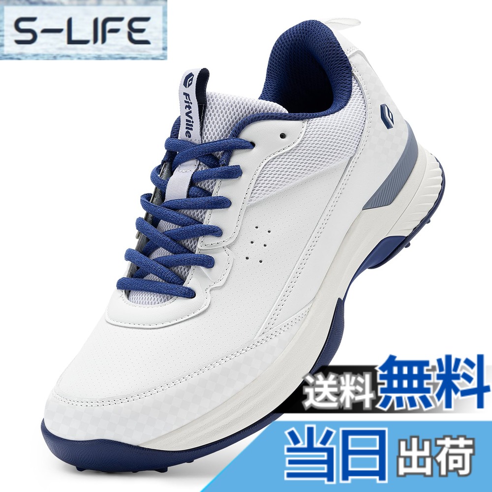 【送料無料】[FitVille] 幅広 ゴルフシューズ メンズ 2E 4E プロゴルフ靴 ソフトスパイク付き 軽量 防水 防滑 色：JP-ホワイト＆ネイビー、サイズ：29.5 cm 2E｜S-LIFE