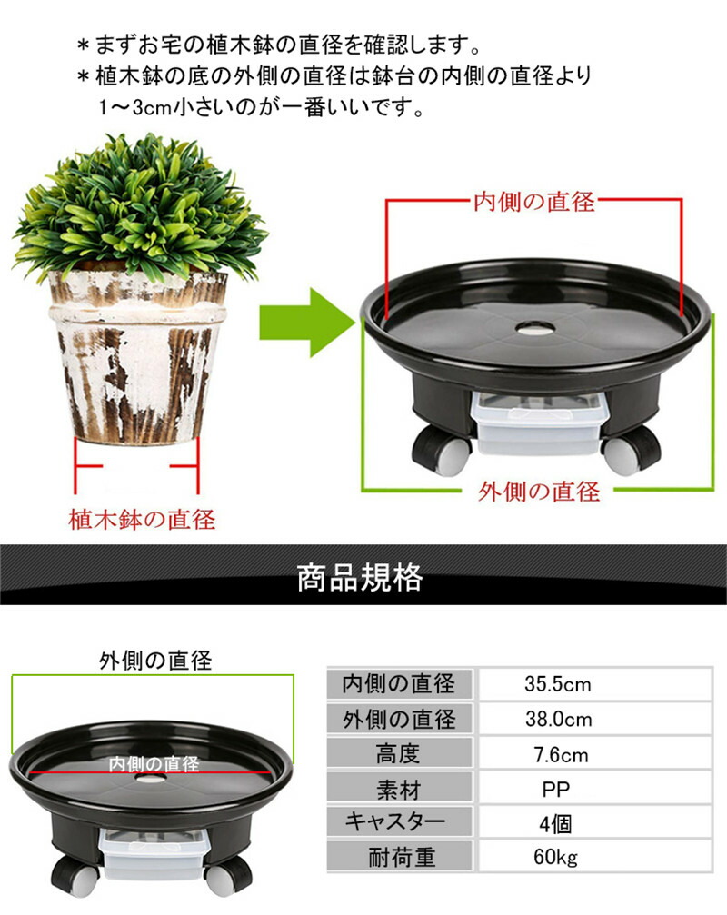 楽天市場 植木鉢台 鉢受プレート キャスタープレート 受け皿付き 鉢受皿 35 5cm プランター鉢 円形 鉢置き プランター用受皿 360 回転 移動便利 ホワイト ブラック Yokiの雑貨