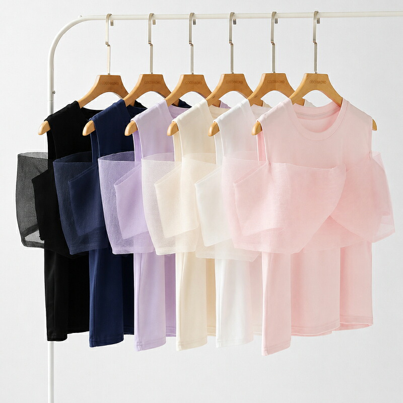 【10/1！クーポンで2,790円～】 オーガンジー リボン オフショル風 肩出し ノースリーブ 長袖 トップス レディース カットソー タンクトップ オープンショルダー 2way チュール ドッキング 異素材 シアー 肩あき クルーネック きれいめ 春夏 秋冬 春 夏 秋 冬 cocomomo