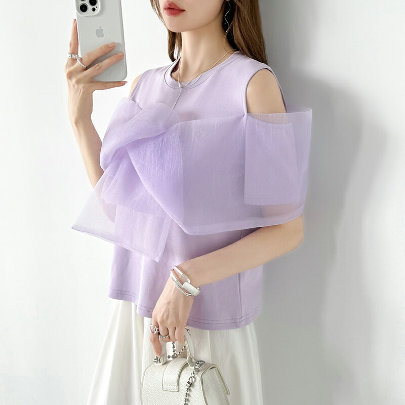【10/1！クーポンで2,790円～】 オーガンジー リボン オフショル風 肩出し ノースリーブ 長袖 トップス レディース カットソー タンクトップ オープンショルダー 2way チュール ドッキング 異素材 シアー 肩あき クルーネック きれいめ 春夏 秋冬 春 夏 秋 冬 cocomomo