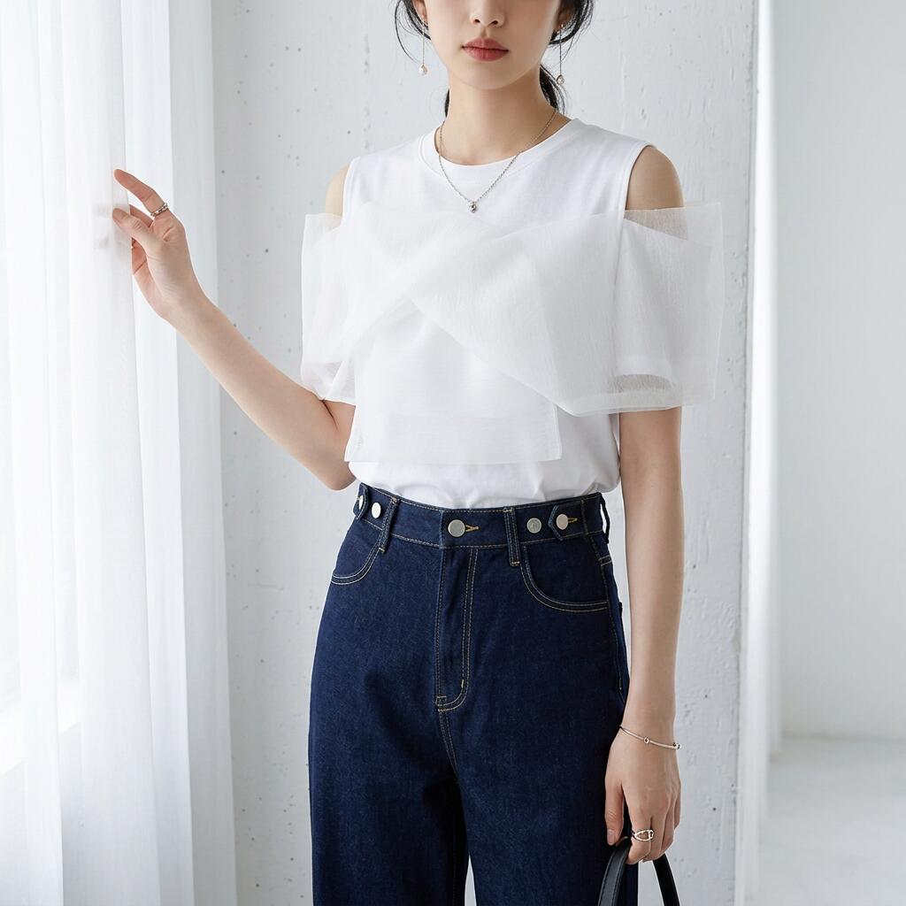 【10/1！クーポンで2,790円～】 オーガンジー リボン オフショル風 肩出し ノースリーブ 長袖 トップス レディース カットソー タンクトップ オープンショルダー 2way チュール ドッキング 異素材 シアー 肩あき クルーネック きれいめ 春夏 秋冬 春 夏 秋 冬 cocomomo