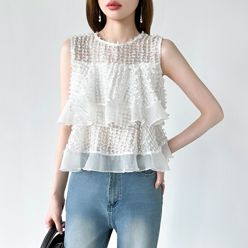【OUTLET!クーポンで2,328円】 ブラウス ティアードフリル ノースリーブ ジャガード レディース トップス ノースリーブブラウス フリルブラウス ティアード フリル ペプラム カットジャガードブラウス シアーブラウス シアー 透け感 ペプラムブラウス 春夏 夏 cocomomo