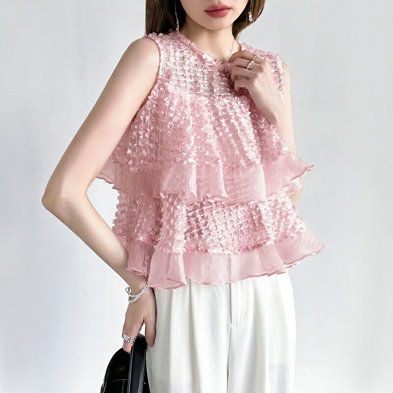 【OUTLET!クーポンで2,328円】 ブラウス ティアードフリル ノースリーブ ジャガード レディース トップス ノースリーブブラウス フリルブラウス ティアード フリル ペプラム カットジャガードブラウス シアーブラウス シアー 透け感 ペプラムブラウス 春夏 夏 cocomomo
