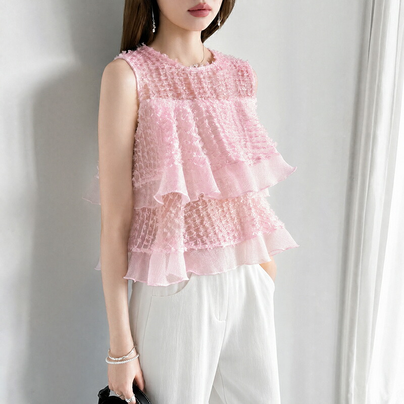 【OUTLET!クーポンで2,328円】 ブラウス ティアードフリル ノースリーブ ジャガード レディース トップス ノースリーブブラウス フリルブラウス ティアード フリル ペプラム カットジャガードブラウス シアーブラウス シアー 透け感 ペプラムブラウス 春夏 夏 cocomomo