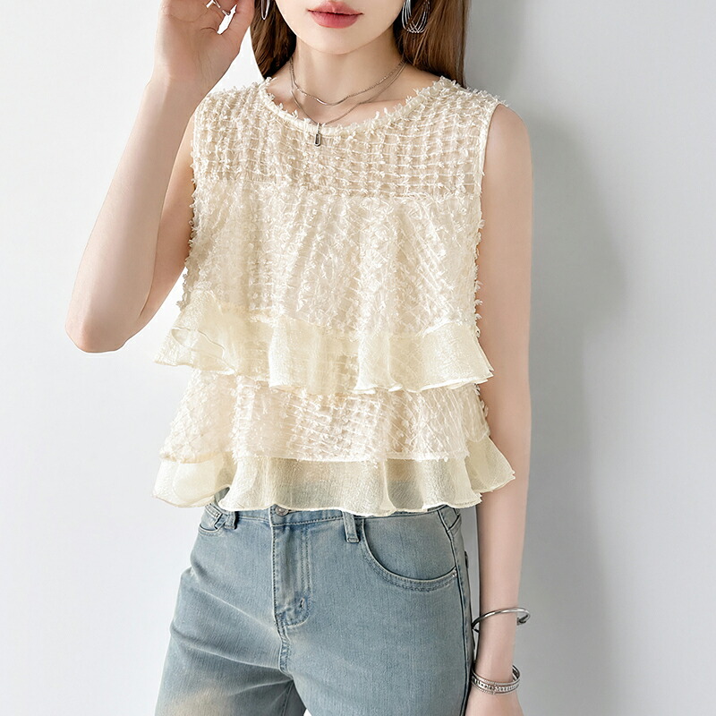 【OUTLET!クーポンで2,328円】 ブラウス ティアードフリル ノースリーブ ジャガード レディース トップス ノースリーブブラウス フリルブラウス ティアード フリル ペプラム カットジャガードブラウス シアーブラウス シアー 透け感 ペプラムブラウス 春夏 夏 cocomomo
