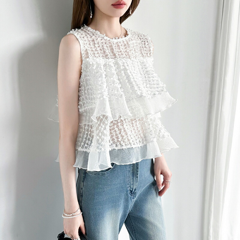 【OUTLET!クーポンで2,328円】 ブラウス ティアードフリル ノースリーブ ジャガード レディース トップス ノースリーブブラウス フリルブラウス ティアード フリル ペプラム カットジャガードブラウス シアーブラウス シアー 透け感 ペプラムブラウス 春夏 夏 cocomomo