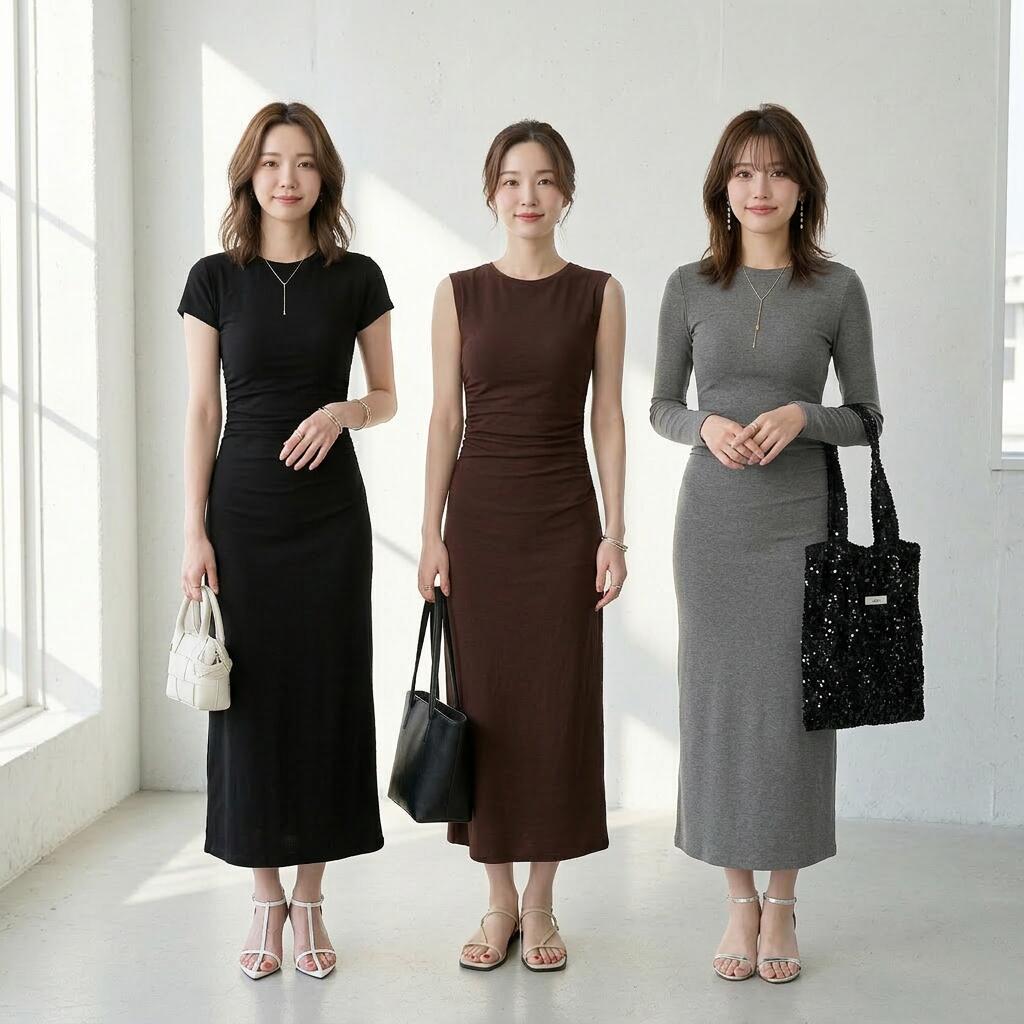 【23:59まで！クーポンで2,421円〜】 ワンピース ウエストギャザー Tシャツワンピース ノースリーブ 半袖 長袖 ロング タイト tシャツ レディース 着痩せ タイトワンピース ロングワンピース きれいめ カジュアル クルーネック tシャツワンピ 大人 春夏 春 夏 秋 cocomomo