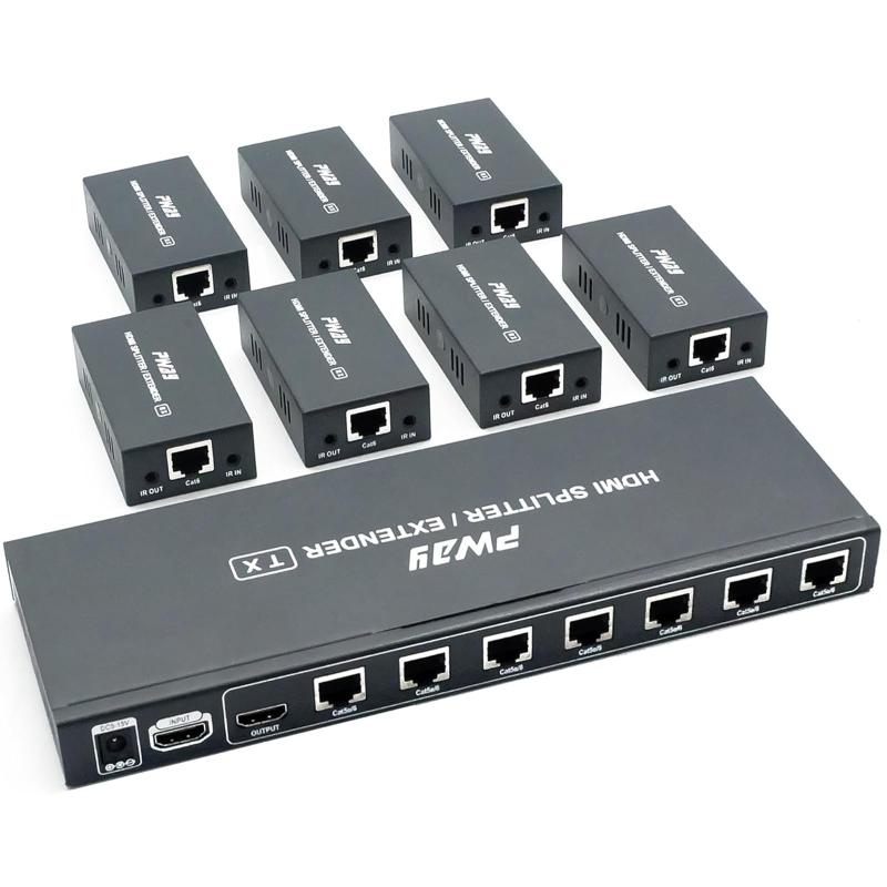PW-HT226P7 HDMI分配延長器 1入力7出力 60m長距離安定伝送 Cat5e/Cat6/Cat7対応 1080P@60Hz 3D EDID管理 単一電源式 HDMI エクステンダースプリッター [業務用マルチディスプレイ延長]｜SLOPEUP