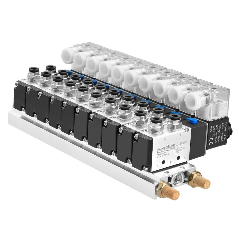 Heschen 10スペースマニホールドソレノイドバルブ, 4V210-08, 24VDC, PT1/4\u0027\u0027界面, 5通い路2空間的関係, ベースマフラークイックフィッティングセット付