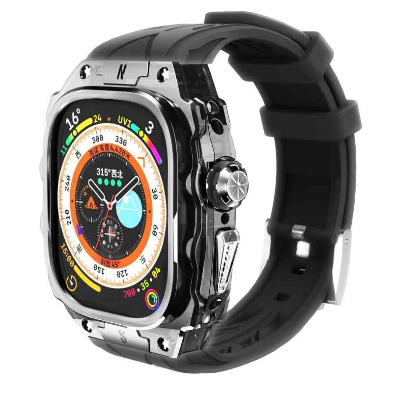 高級軽量透明ケース・疔用Apple Watch Ultra 1/2 49mmバンド カバー付き 高耐久 頑丈なケース シリコンストラップ 男性/女性用フル保護カバー (透明マット白)