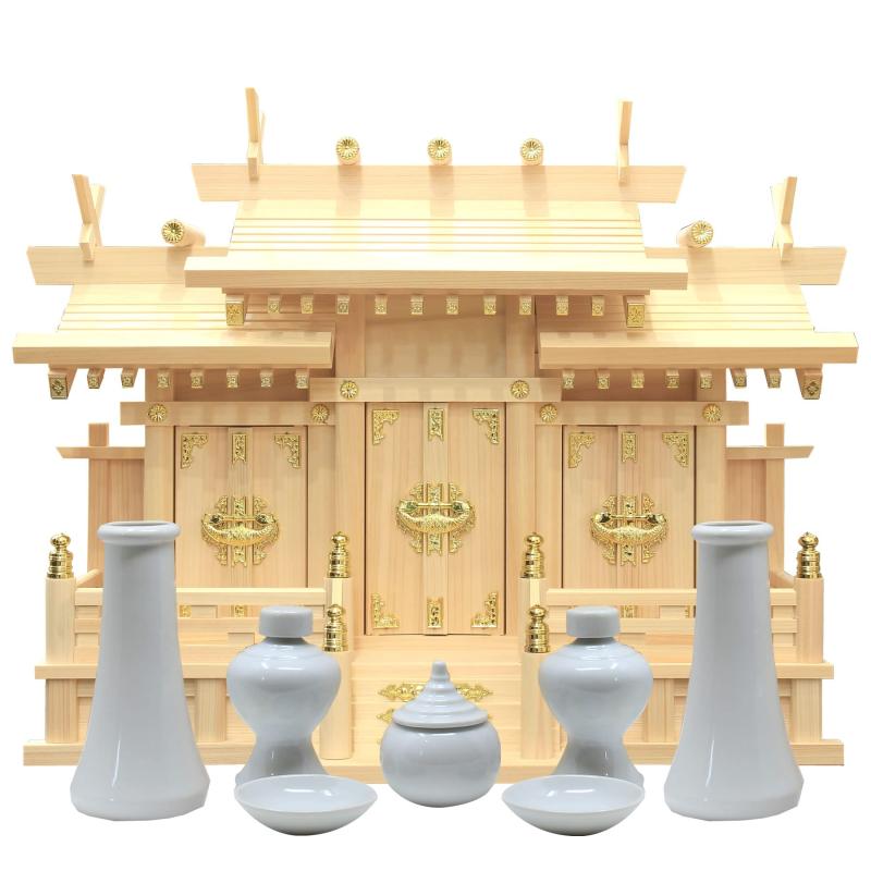 松山神仏具店 神棚 大屋根くい違い三社 小 雲消印付 日本製 国産 檜 ひのき 幅54珊 高44珊 奥23珊