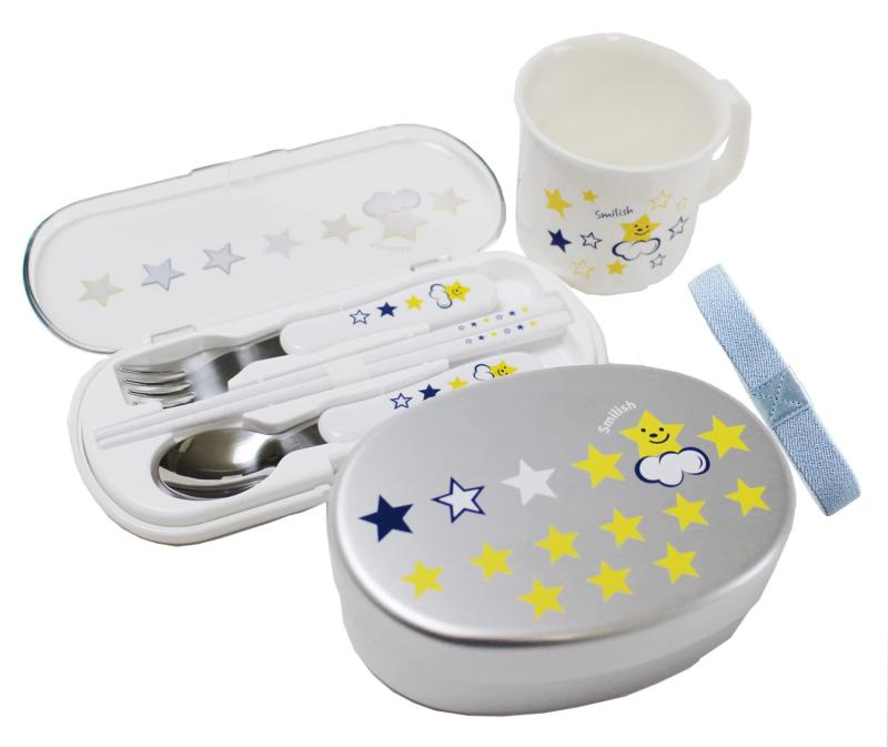 ランチ３点セット 幼稚園（内ブタ付アルミお弁当箱、カトラリーセット、耐熱コップ)スマイリースター柄｜SLOPEUP