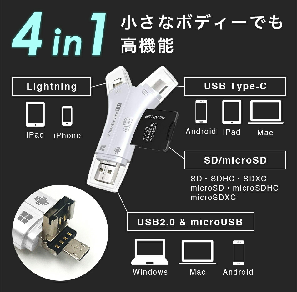 楽天市場 スマホ Usb Type C Sdカードリーダー Iphone Android Ipad Lightning ノートパソコン カメラ Microsd マルチカードリーダー カメラリーダー メモリー 高速 転送速度 純正 音楽 写真 Vistar オンラインショップ