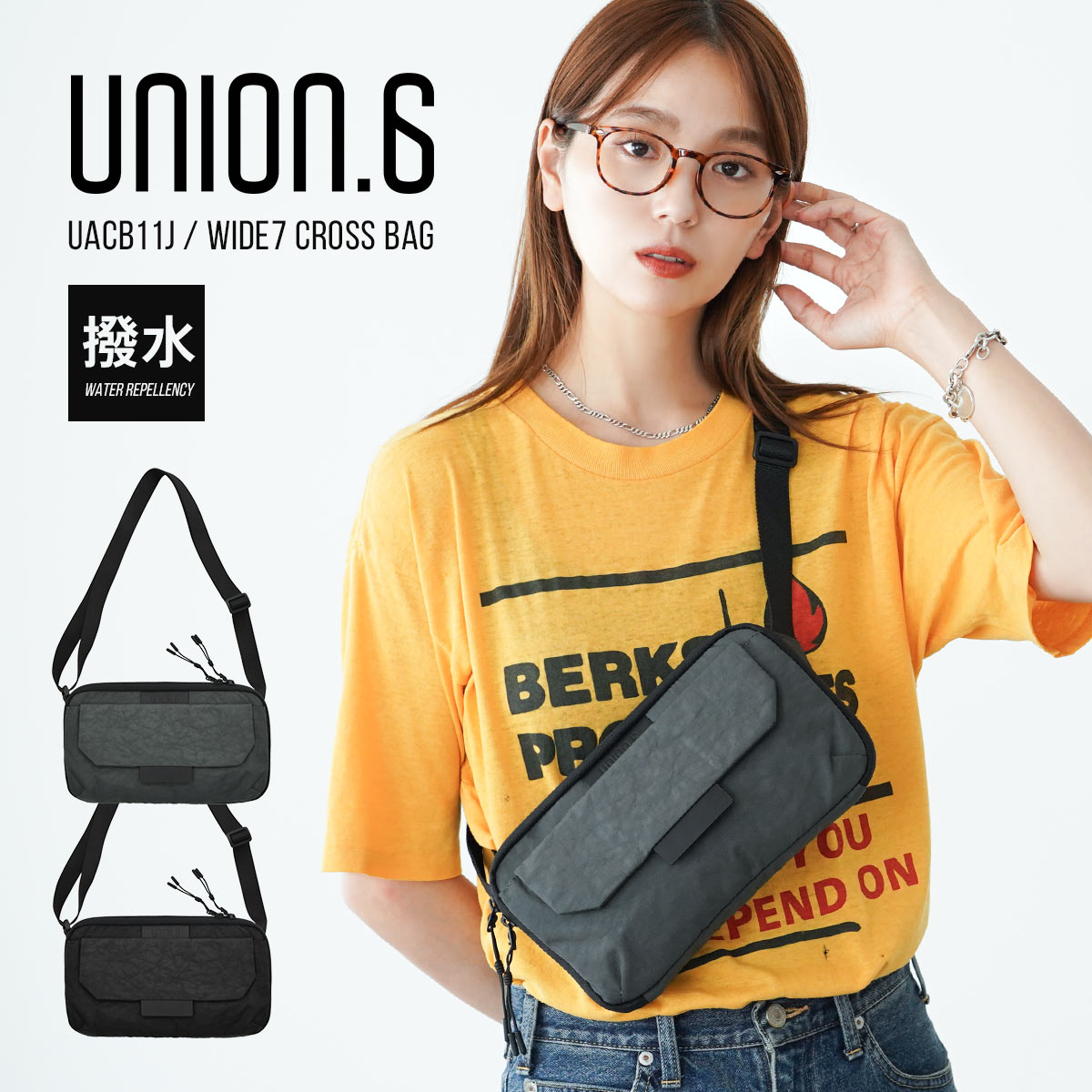 【まとめ割最大15％OFF】UNION.6 ショルダーバッグ レディース 斜めがけ 撥水 軽量 メッシュ内ポケット 多収納 フラップポケット 長財布入る YKKファスナー ユニセックス 海外旅行 フェス【ブラック/グレー】