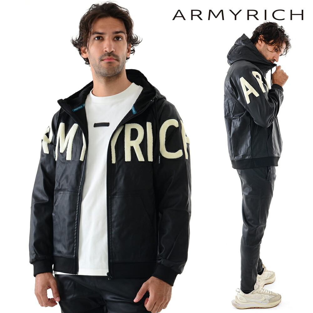 ARMYRICH サガラ刺繍PUレザーフルジップパーカーセットアップ メンズ 春秋用 フルジップ仕様 ストレッチ素材 光沢PUレザー調 セットアップ対応 ブラック M/L/XL/3L|SLOW GAN