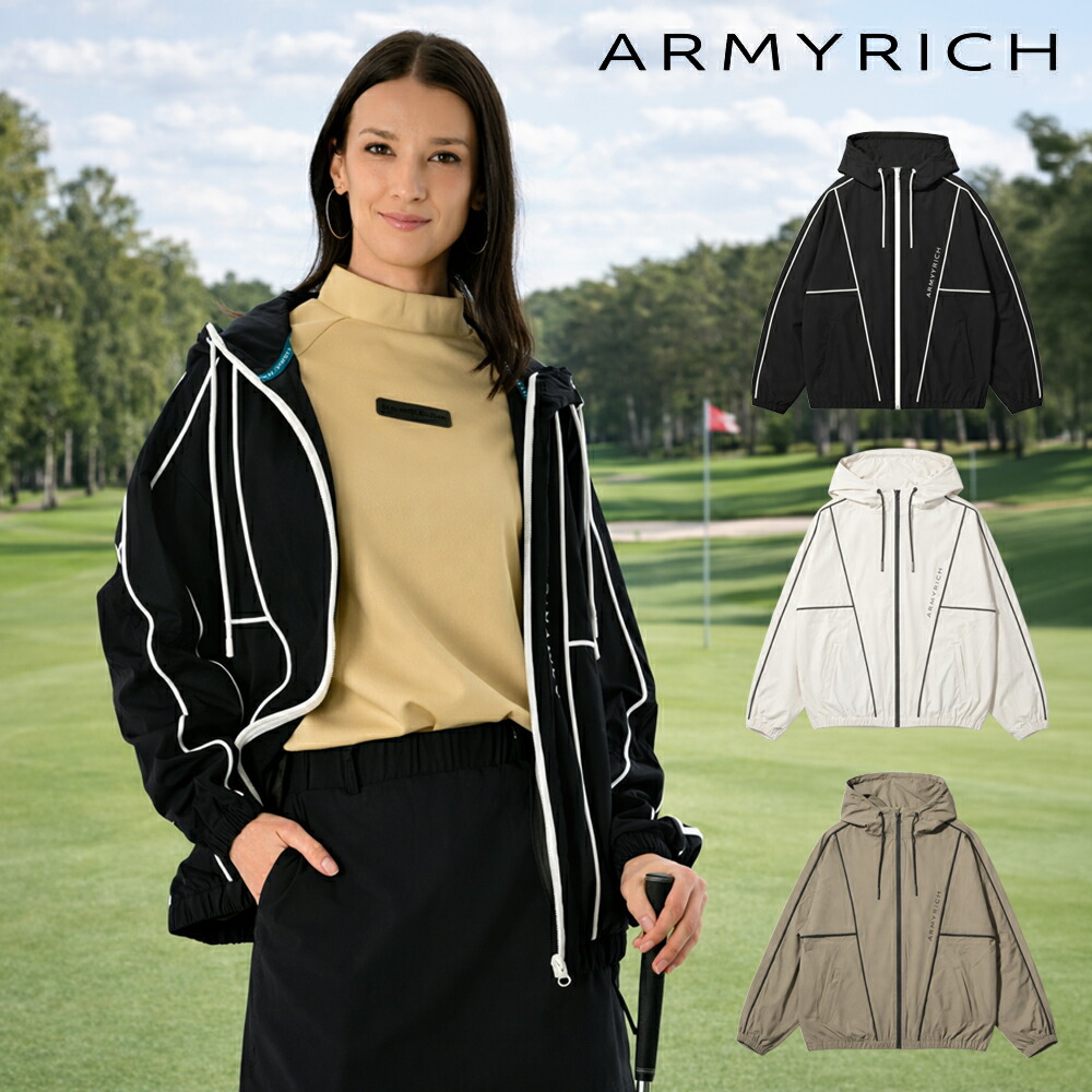 ARMYRICH 撥水ナイロン フルジップパーカー セットアップ レディース 春夏 春服 夏服 上下仕掛ける ナイロン上衣 遊撃手ズボン下 パイピング ゴルフお召しもの 運動競技 体操場 黒いこと/白いこと/カーキ LF(レディース無償性) BLACK-WHITE