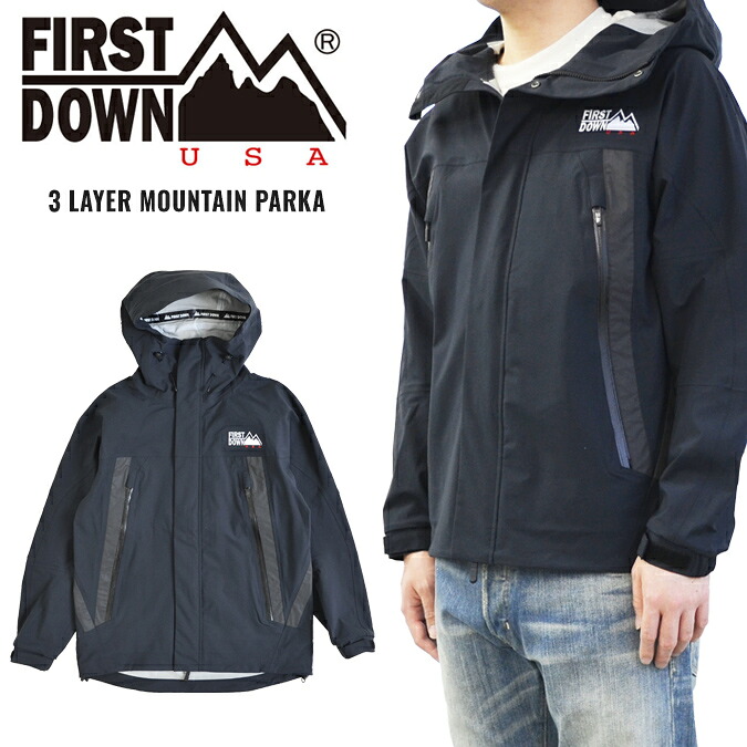FIRST DOWN 一塁手落ち込む 上衣 3LAYER MOUNTAIN PARKA JACKET お山パーカー ナイロン上衣 アウター 上衣 メンズ M-L 黒いこと F741001C 【掘り出し物】