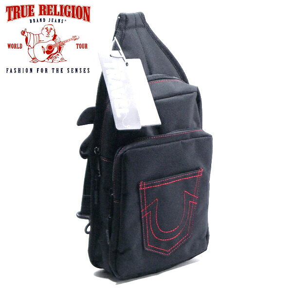 TRUE RELIGION【外国で制限事項★デニムからひき掛けるされた赤の馬蹄編み目】一肩先 上半身御徒面子【黒いこと 黒】新品 トゥルーレリジョン メンズ レディース 男女兼用 スリングバッグ 曲がった掛け パウダーコンパクト 旅する デイリー 祝い事 HIPHOP 表どおり 00s Y2K【NEW YORK買付】