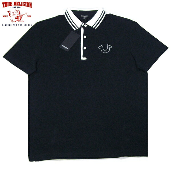 TRUE RELIGION【力作★海外限定★白の馬蹄ステッチ★細部のギミックあり】半袖 ポロシャツ【ブラック/ホワイト】新品 トゥルーレリジョン メンズ 馬蹄ロゴ ワンポイント 刺繍 Ed Hardy エドハーディー ヒップホップ HIPHOP ストリート Y2K USモデル【NEW YORK買い付け】|Import&Original 【Slyder】