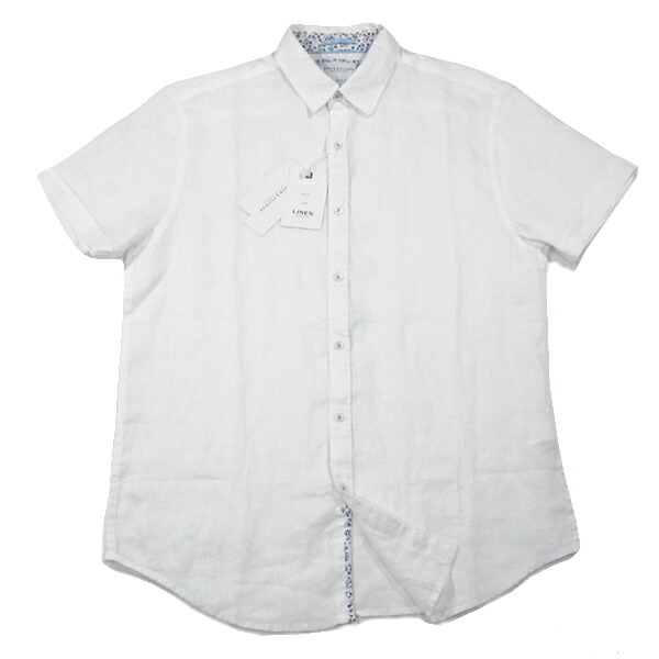 Denim Flower 100 麻 前立てフチの小花柄パイピング 半袖 リネンシャツ ホワイト 白 新品 デニム フラワー メンズ D F J Crew ジェイクルー Nautica ノーティカ Calvin Klein カルバンクライン Dkny Armani Exchange Outfitters New York買い付け