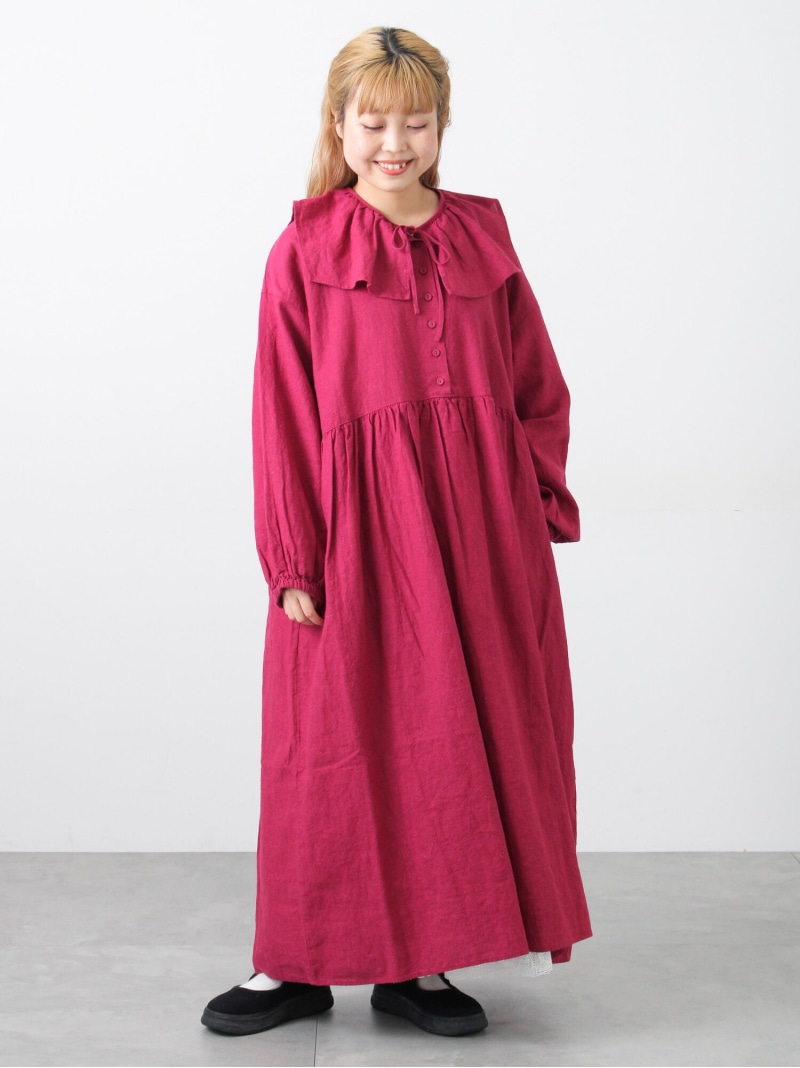 【Cross*Linen】ギャザーワンピース Samansa Mos2 サマンサモスモス ワンピース・ドレス ワンピース ブラウン レッド ベージュ イエロー グリーン【送料無料】[ Fashion]