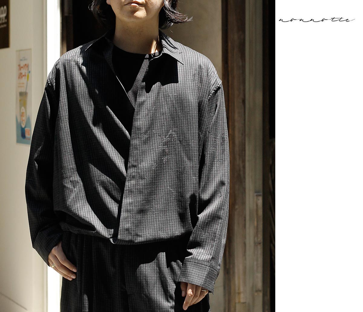 ノノット NONNOTTE スーパー 140&rsquo;s シャドー ジャガード バードプレイド ドレーピング オーバーラップ シャツ Super 140&rsquo;s Shadow Jacquard - Bird Plaid Draping Overlap Shirt (N-26A-092)｜アンドフェブ