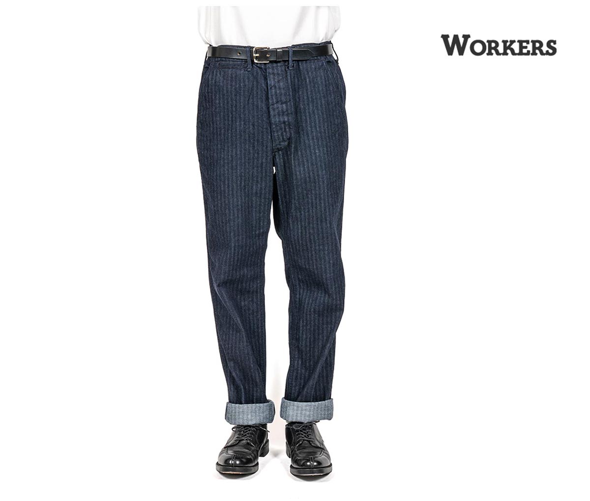 20%OFF セール ワーカーズ WORKERS インディゴヘリンボーンオフィサー トラウザー スリム Indigo Herringbone Officer Trousers Slim Type2 (2601-OFTR-SLIM-HRB)|アンドフェブ