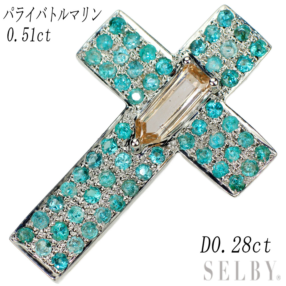 【中古】 K18WG ダイヤモンド パライバトルマリン ペンダントトップ D0.28ct PT0.51ct クロス 【企画商品】 SELBY 送料サービス｜SELBY