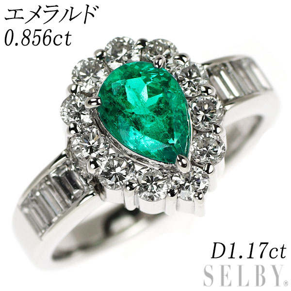 【中古】 Pt900 ペアシェイプ エメラルド ダイヤモンド リング 0.856ct D1.17ct SELBY 送料サービス