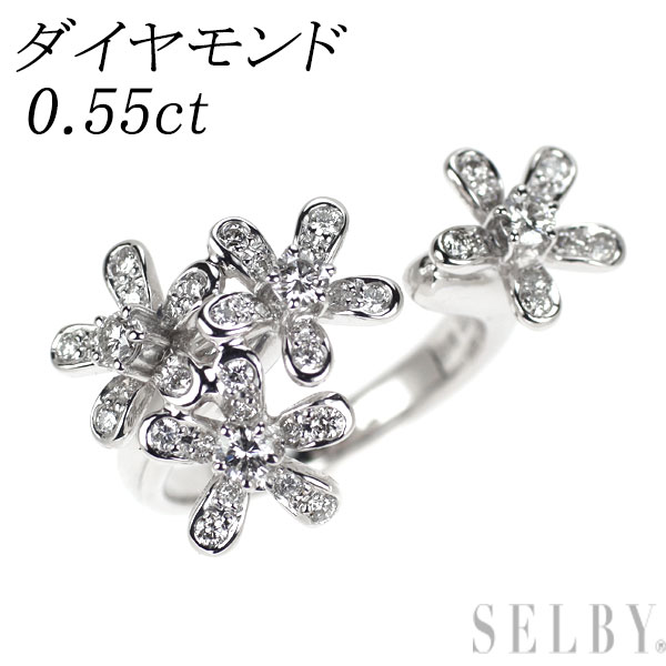 【中古】 K18WG ダイヤモンド フォークリング 0.55ct フラワー SELBY 送料サービス
