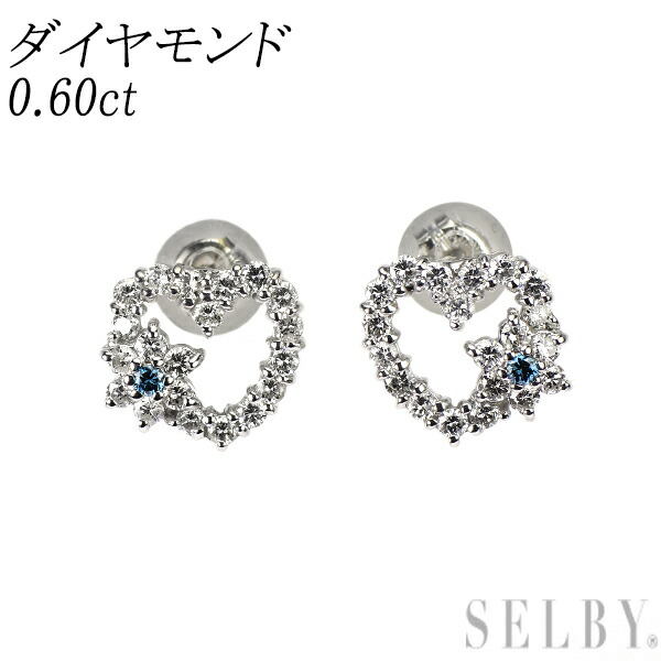 【中古】 K18WG トリートブルー/カラーレス ダイヤモンド ピアス 0.60ct ハート フラワー SELBY 送料サービス