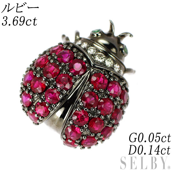 【中古】 K18WG ルビー グリーンガーネット ダイヤ ブローチ兼ペンダントトップ 3.69ct G0.05ct D0.14ct てんとう虫 SELBY 送料サービス