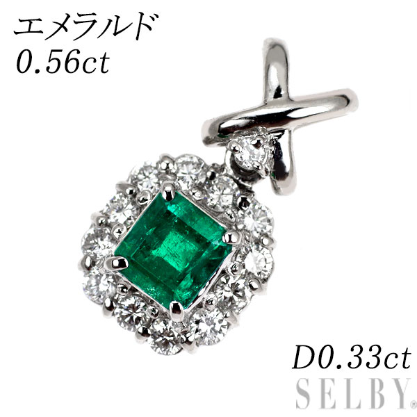 【中古】 Pt900 エメラルド ダイヤモンド ペンダントトップ 0.56ct D0.33ct SELBY 送料サービス