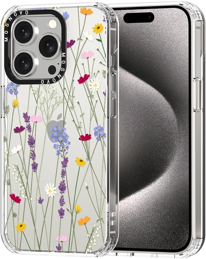 iPhone15シリーズ クリア 透明 カメラレンズ保護 ミリタリーグレード スリム フィット 剥離防止テクノロジー TPU素材 カバー ワイルドフラワー 15/15Pro/15Plus/15ProMax ケース 耐衝撃 薄型 軽量 ワイヤレス充電 送料無料