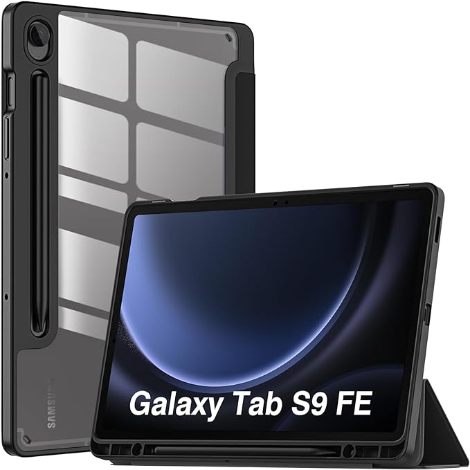 Galaxy ギャラクシー Tab S9 FE 10.9インチ / S9 FE+ 12.4インチ ケース 手帳型 ブラック S ペンホルダー付き TPU PC クリア バックシェル マイクロファイバー裏地 オートスリープウェイク機能 三つ折り スタンド タブレット カバー 2023 送料無料
