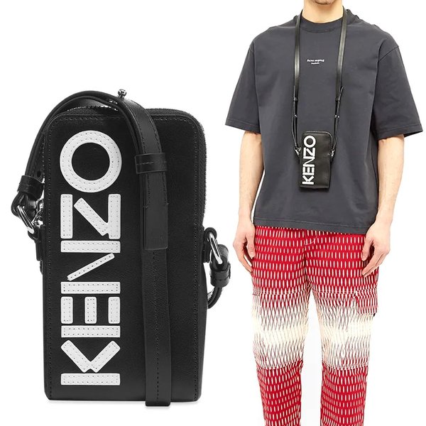 KENZO ケンゾー iPhone 11/11Pro/11ProMax 保持者 なめし革 入れもの Leather Logo Phone Holder/黒いこと 同盟罷工一巡り 本革 スマホケース 制限事項 置き目品 スマートフォン・タブレット-スマートフォン・携帯電話アクセサリー