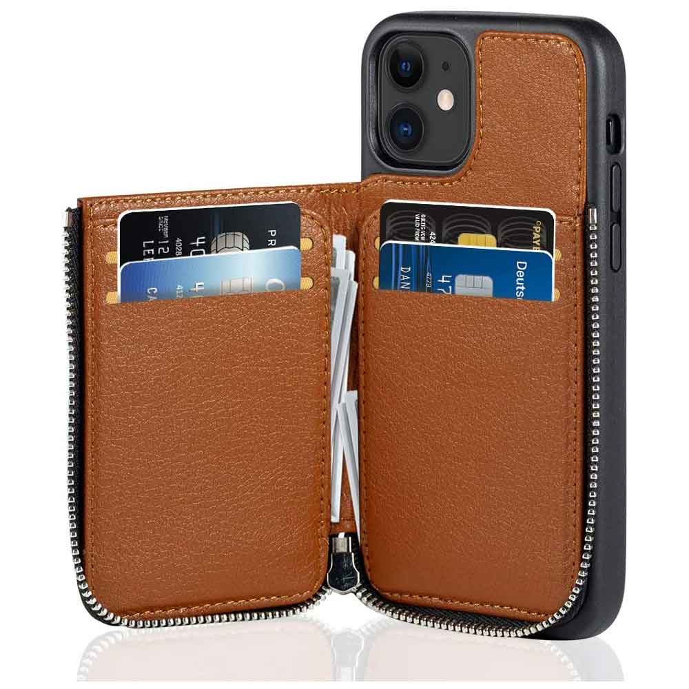 iLish アイリッシュ iPhone 12/12Pro/12ProMax/12mini カードホルダー 財布 ジップ ケース ブラウン シンセティックレザー  日本未発売 SMART PARK 