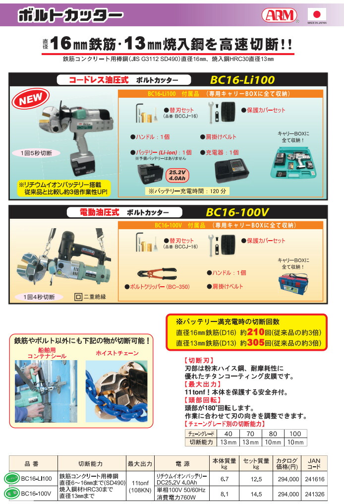 品多く アーム産業 コードレス油圧式ボルトカッター ＢＣ16-Ｌｉ１００