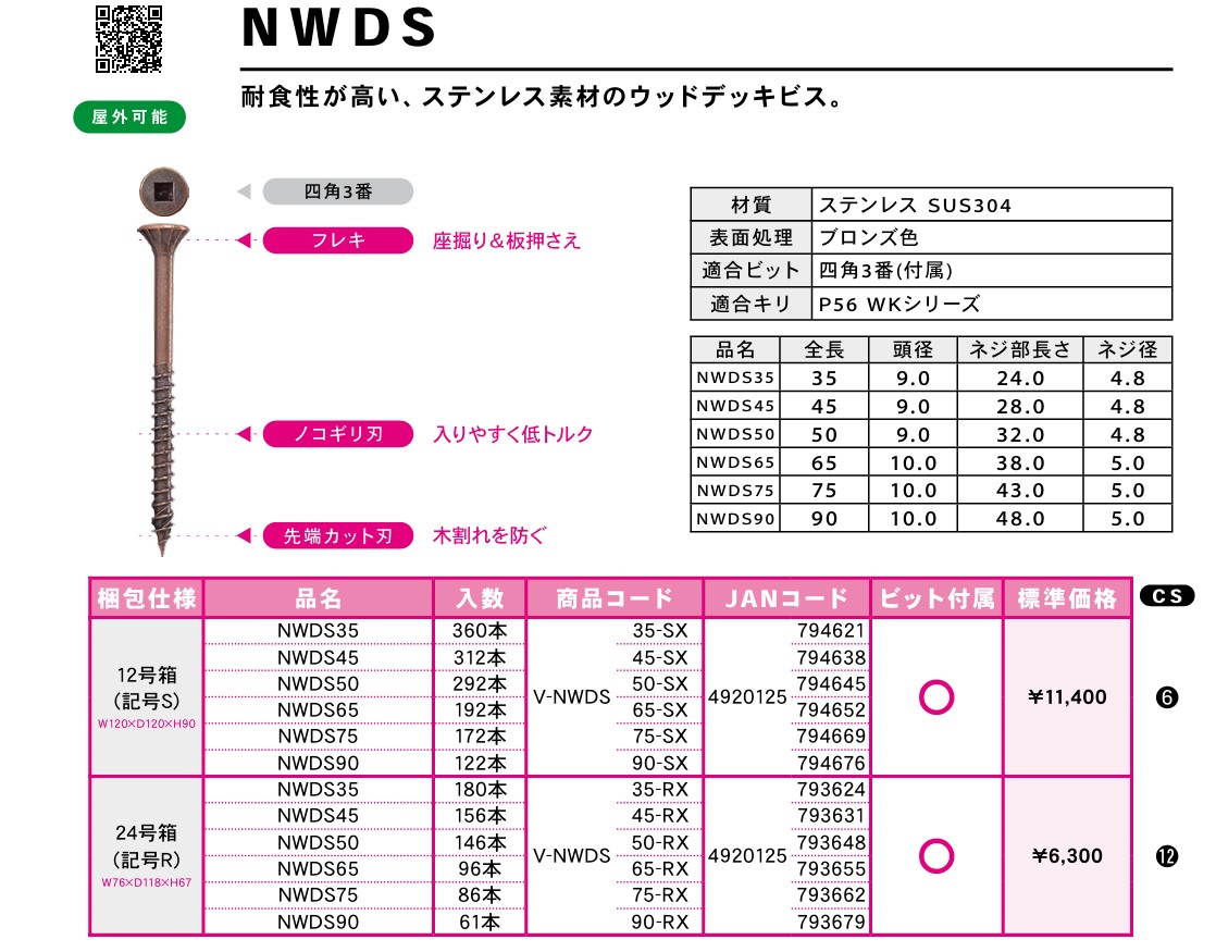 【6箱入】  DANDORI VIS  ダンドリビス NWDS（ステンレス鋼）12号箱 木材甲板材用螺旋釘 12号箱ｘ6個（1入れもの）【代引っ張ること不可】【沖縄・離島送りとどける不可】