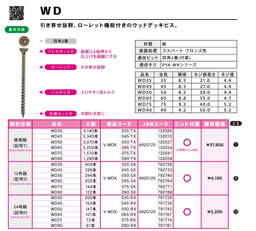 【6箱入】  DANDORI VIS  ダンドリビス WD 12号箱 木材甲板材用螺旋釘 12号箱ｘ6個（1入れもの）【代引っ張ること不可】【沖縄・離島送りとどける不可】