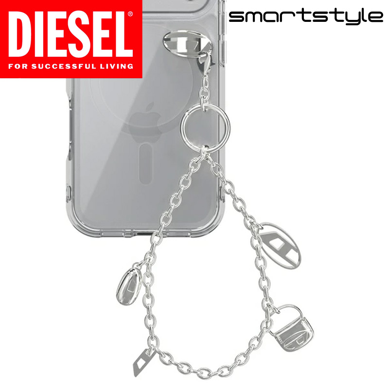 【送料無料】 DIESEL スマホストラップ チャーム 携帯用 スマホアクセサリー ブランド ロゴ入り おしゃれ ストラップホルダー & ダストプラグ付き [ シルバー ] ギフト iPhone その他機種 人気