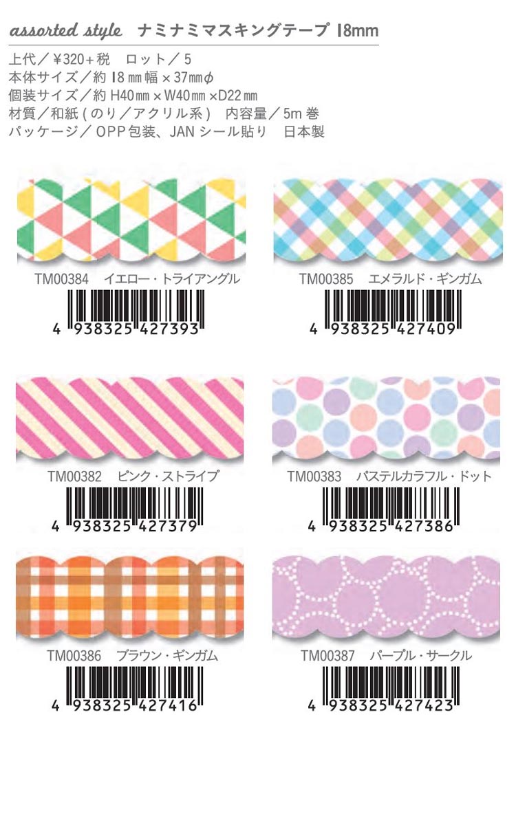 楽天市場 Tm00384 387 Assarted Style ナミナミマスキングテープ 18mm 5m Naminami Masking Tape Smartzakka