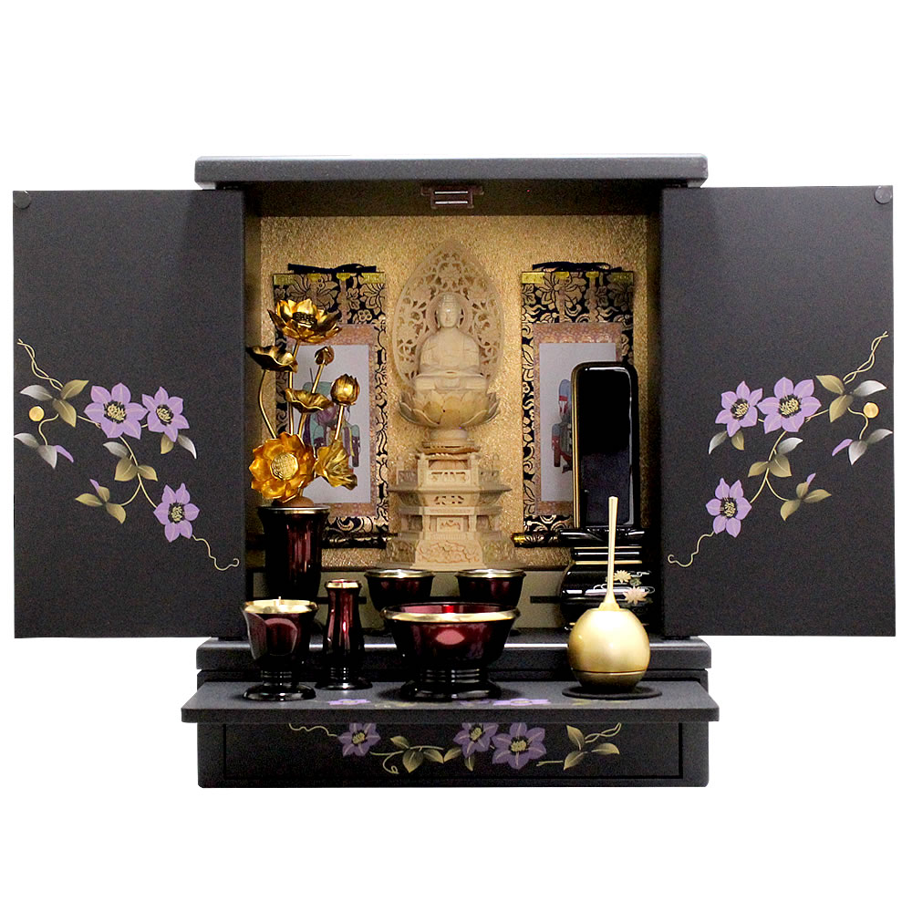 楽天市場 ミニ仏壇 新鉄仙 蒔絵漆調仏壇 人気の鉄仙がデザイン 機能 品質はほとんどそのままに価格を下げてリニューアル 専用台もあります スマイル仏壇
